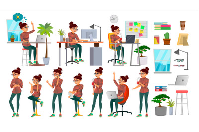 Business Woman Character Set Vector. Working People Set. Office, Creative Studio. Female Business Situation. Girl Programmer, Designer, Manager. Poses, Emotions. Cartoon Character Illustration