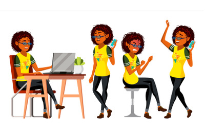 Business African Black Woman Character Vector. Female In Different Poses. Clerk In Office Clothes. Designer, Manager. Young American Woman. Workplace. Cartoon Illustration