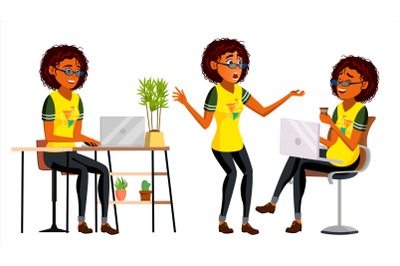 Business African Black Woman Character Vector. American Elegant Modern Girl. Expressions. Working On The Computer. Desk. Cartoon Illustration