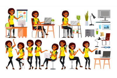 Business African Black Woman Character Vector. In Action. Office. IT Business Company. Working Elegant American Modern Girl. Various Views. Environment Process. Cartoon Illustration