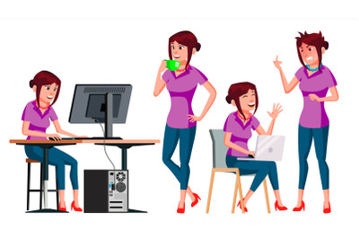 Office Worker Vector. Woman. Successful Officer, Clerk, Servant. Business Woman Worker. Face Emotions, Gestures. Isolated Flat Illustration