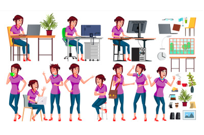 Office Worker Vector. Woman. Professional Officer, Clerk. Adult Business Female. Lady Face Emotions, Various Gestures. Isolated Cartoon Illustration