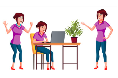 Office Worker Vector. Woman. Modern Employee, Laborer. Business Woman. Emotions, Gestures. Flat Cartoon Illustration