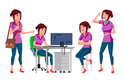 Office Worker Vector. Woman. Business Person. Face Emotions, Gestures. Flat Cartoon Illustration