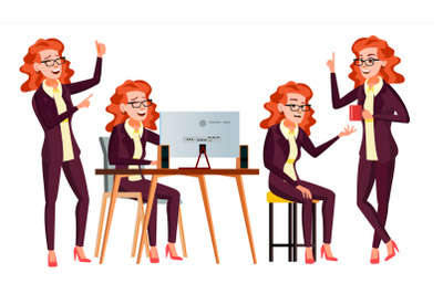 Office Worker Vector. Woman. Face Emotions, Various Gestures. Isolated Cartoon Character Illustration