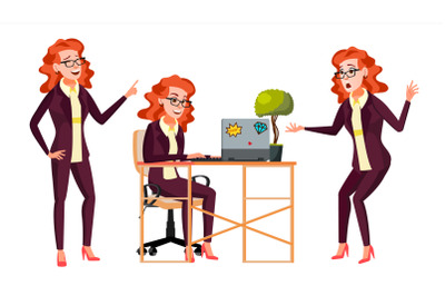 Office Worker Vector.Woman. Successful Officer, Clerk, Servant. Adult Business Woman. Face Emotions, Various Gestures. Isolated Flat Cartoon Illustration