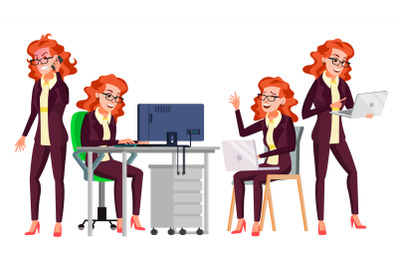 Office Worker Vector. Woman. Happy Clerk, Servant, Employee. Business Woman Person. Lady Face Emotions, Various Gestures. Flat Character Illustration