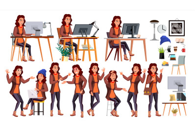 Office Worker Vector. Woman. Successful Officer, Clerk, Servant. Business Woman Worker. Face Emotions, Various Gestures. Isolated Flat Illustration