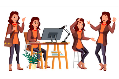 Office Worker Vector. Woman. Modern Employee, Laborer. Business Woman. Face Emotions, Various Gestures. Flat Cartoon Illustration