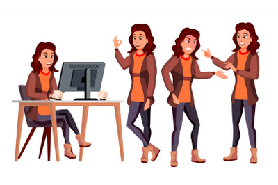 Office Worker Vector. Woman. Professional Officer, Clerk. Adult Business Female. Lady Face Emotions, Various Gestures. Isolated Cartoon Illustration