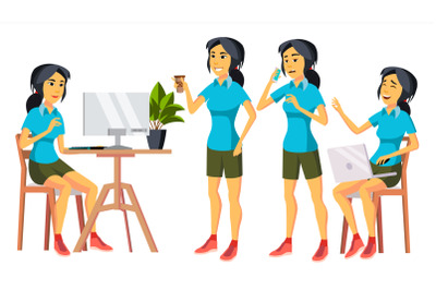 Office Worker Vector. Woman. Happy Clerk, Servant, Employee. Chinese, Korea. Japanese Business Woman Person. Lady Face Emotions, Various Gestures. Flat Character Illustration