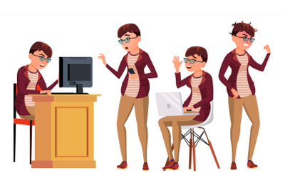 Office Worker Vector. Woman. Successful Officer, Clerk, Servant. Adult Business Woman. Face Emotions, Various Gestures. Isolated Flat Cartoon Illustration