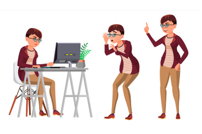 Office Worker Vector. Woman. Happy Clerk, Servant, Employee. Business Woman Person. Lady Face Emotions, Various Gestures. Flat Character Illustration