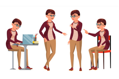 Office Worker Vector. Woman. Happy Clerk, Servant, Employee. Business Human. Face Emotions, Various Gestures. Isolated Character Illustration