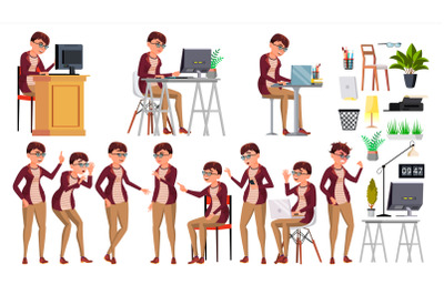 Office Worker Vector. Woman. Successful Officer, Clerk, Servant. Business Woman Worker. Face Emotions, Various Gestures. Isolated Flat Illustration