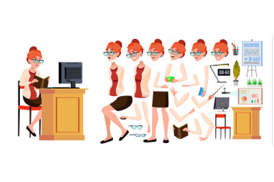 Office Worker Vector. Woman. Successful Officer, Clerk, Servant. Adult Business Woman. Face Emotions, Various Gestures. Animation Creation Set. Isolated Flat Cartoon Illustration