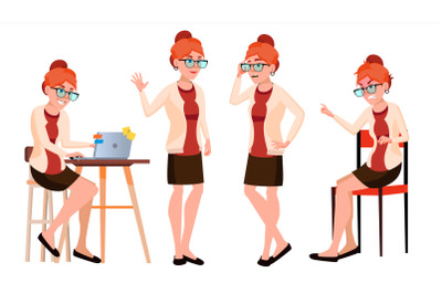 Office Worker Vector. Woman. Successful Officer, Clerk, Servant. Business Woman Worker. Face Emotions, Various Gestures. Isolated Flat Illustration