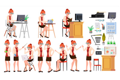 Office Worker Vector. Woman. Professional Officer, Clerk. Adult Business Female. Lady Face Emotions, Various Gestures. Isolated Cartoon Illustration