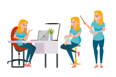 Business Woman Character Vector. Working Girl. Environment Process Creative Studio. Lifestyle Situations In Action. Girl Boss. Programming, Planning. Designer, Manager. Poses. Business Illustration