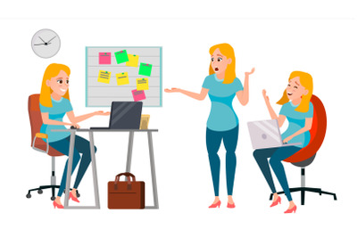 Business Woman Character Vector. Working Female, Girl. Team Room. Desk. Brainstorming. Environment Process. Start Up Office. Effective Programmer Designer. Lifestyle Situations. Character Illustration