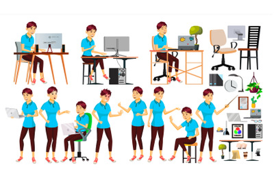 Office Worker Vector. Japanese Woman. Smiling Servant, Officer. Business Human. Lady Face Emotions, Various Gestures. Animation Creation Set. Isolated Flat Cartoon Character Illustration