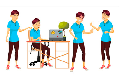 Office Worker Vector. Woman. Modern Employee, Laborer. Business Worker. Face Emotions, Various Gestures. Isolated Cartoon Nipponese Character Illustration