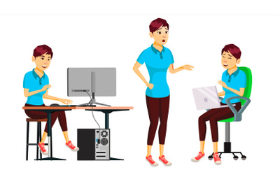 Office Worker Vector.Woman. Successful Officer, Clerk, Servant. Adult Business Woman. Face Emotions, Various Gestures. Isolated Flat Cartoon Illustration