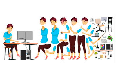 Office Worker Vector. Woman. Happy Clerk, Servant, Employee. Business Woman Person. Japanese Lady Face Emotions, Nipponese Various Gestures. Flat Character Illustration