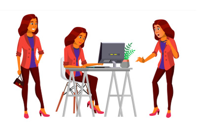 Office Worker Vector. Woman. Professional Officer, Clerk. Adult Business Female. Arab, Saudi Lady Face Emotions, Various Gestures. Isolated Cartoon Illustration