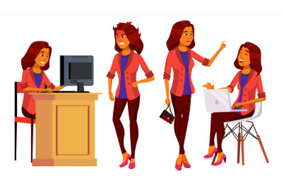 Office Worker Vector. Woman. Modern Employee, Laborer. Business Woman. Arab, Saudi Face Emotions, Various Gestures. Flat Cartoon Illustration