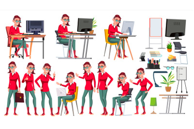 Office Worker Vector. Woman. Successful Officer, Clerk, Servant. Emo Hairstyle. Poses. Business Woman Worker. Face Emotions, Gestures. Isolated Flat Illustration