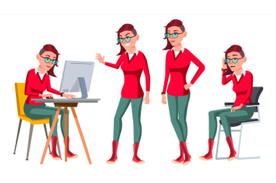 Office Worker Vector. Woman. Happy Clerk, Servant, Employee. Freak. In Action. Business Human. Emotions, Various Gestures. Isolated Character Illustration