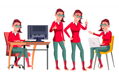 Office Worker Vector. Woman. Happy Clerk, Servant, Employee. Poses. Emo, Freak. Business Woman Person. Lady Emotions, Gestures. Flat Character Illustration