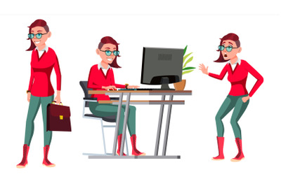 Office Worker Vector. Woman. Successful Officer, Clerk, Servant. In Action. Emo, Freak Hairstyle. Adult Business Woman. Face Emotions, Gestures. Isolated Flat Cartoon Illustration