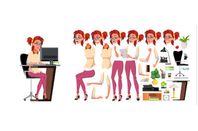 Office Worker Vector. Woman. Animation Creation Set. Lifestyle Generator. Professional Officer, Clerk. Front, Side, Back View. Businessman Female. Lady Face Emotions. Isolated Illustration