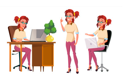 Office Worker Vector. Woman. Scene Generator. In Action. Happy Clerk, Servant, Employee. Front, Side View. Business Woman Person. Lady Face Emotions, Various Gestures. Flat Character Illustration