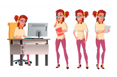 Office Worker Vector. Woman. Happy Clerk, Servant, Employee. In Action. Business Human. Face Emotions, Various Gestures. Isolated Character Illustration