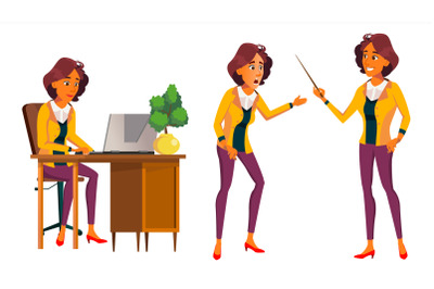 Office Worker Vector. Woman. Modern Employee, Laborer. Front, Side View. Business Woman. Situations. Emotions, Gestures. Flat Cartoon Illustration