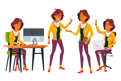 Office Worker Vector. Woman. Business Person. Face Emotions, Gestures. Situations. Flat Cartoon Illustration