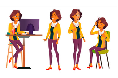 Office Worker Vector. Woman. Smiling Servant, Officer. Poses. Business Human. Front, Side View. Lady Face Emotions, Various Gestures. Isolated Flat Cartoon Character Illustration