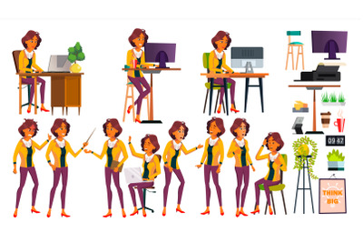 Office Worker Vector. Woman. Modern Employee, Laborer. Poses. Business Worker. Office. Face Emotions, Various Gestures. Animation Creation Set. Isolated Cartoon Character Illustration