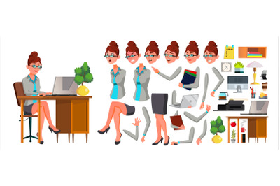 Office Worker Vector. Woman. Animation Creation Set. Secretary, Accountant. Professional Officer, Scene Generator. Clerk. Business Female. Front, Side View. Lady Face Emotions, Gestures. Illustration