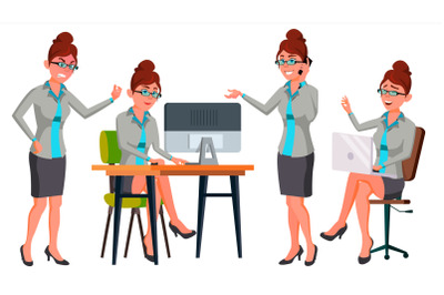 Office Worker Vector. Woman. Secretary, Accountant. Successful Officer, Clerk, Servant. Adult Business Woman. Situations. Face Emotions, Various Gestures. Animation Creation Set. Cartoon Illustration