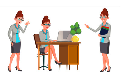 Office Worker Vector. Woman. Secretary, Accountant. Happy Clerk, Servant, Employee. Office Generator. Situations. Business Woman Person. Lady Face Emotions, Various Gestures. Illustration