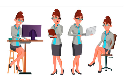 Office Worker Vector. Woman. Happy Clerk, Servant. Employee. Business Human. Secretary. In Action. Front, Side View. Face Emotions, Various Gestures. Animation Creation Set. Illustration