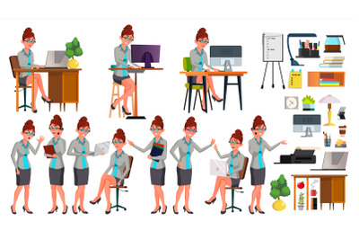 Office Worker Vector. Woman. Successful Officer, Clerk, Servant. Poses. Situations. Secretary. Business Woman Worker. Face Emotions, Various Gestures. Isolated Flat Illustration