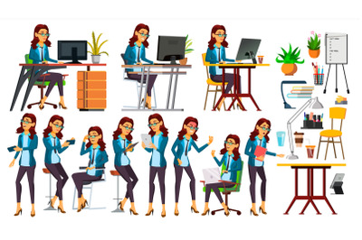 Office Worker Vector. Woman. Happy Clerk, Servant, Employee. Poses. Business Human. Face Emotions, Gestures. Secretary. Isolated Character Illustration