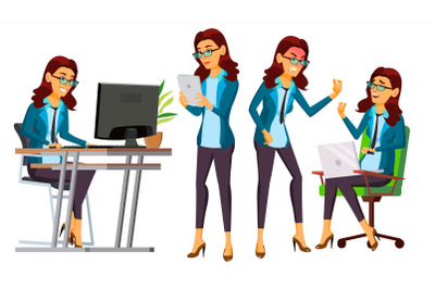 Office Worker Vector. Woman. Servant, Employee. Front, Side View. Poses. Business Woman Person. Accountant. Lady Emotions, Various Gestures. Flat Character Illustration