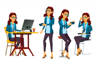 Office Worker Vector. Woman. Successful Officer, Clerk, Servant. In Action. Secretary, Accountant. Adult Business Woman. Emotions, Gestures. Isolated Flat Cartoon Illustration