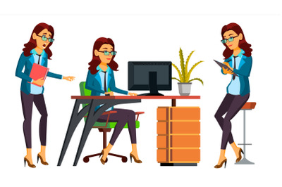 Office Worker Vector. Woman. Professional Officer, Clerk. Secretary, Accountant. Front, Side View. In Action. Businessman Female. Lady Face Emotions. Isolated Flat Character Illustration